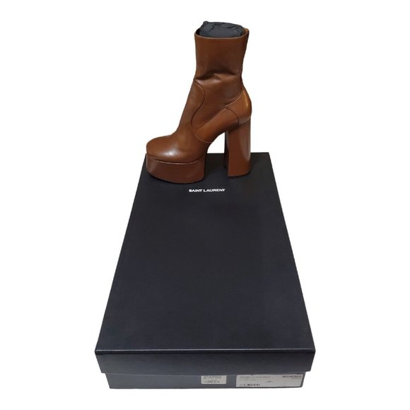 NIB Saint Laurent Billy Bootie Brown Kangaroo Leather Platform Heeled Boot 39.5 - Picture 1 of 10